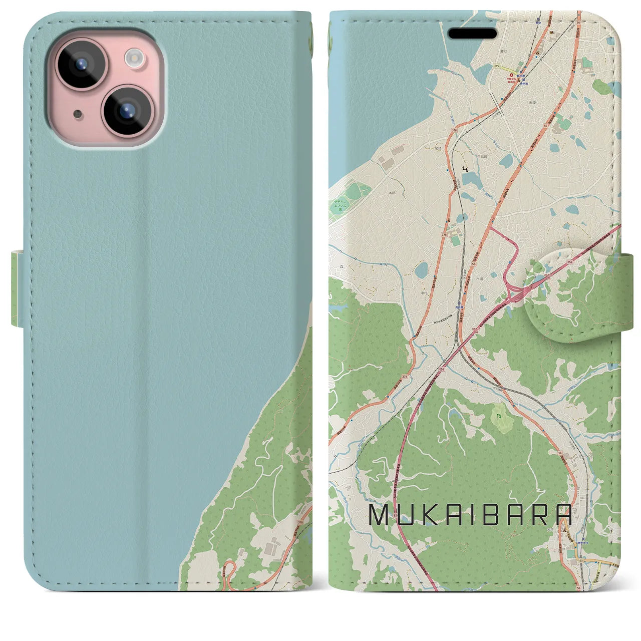 【向井原(愛媛県)】地図柄iPhoneケース(手帳タイプ)ナチュラル・iPhone 15 Plus 用