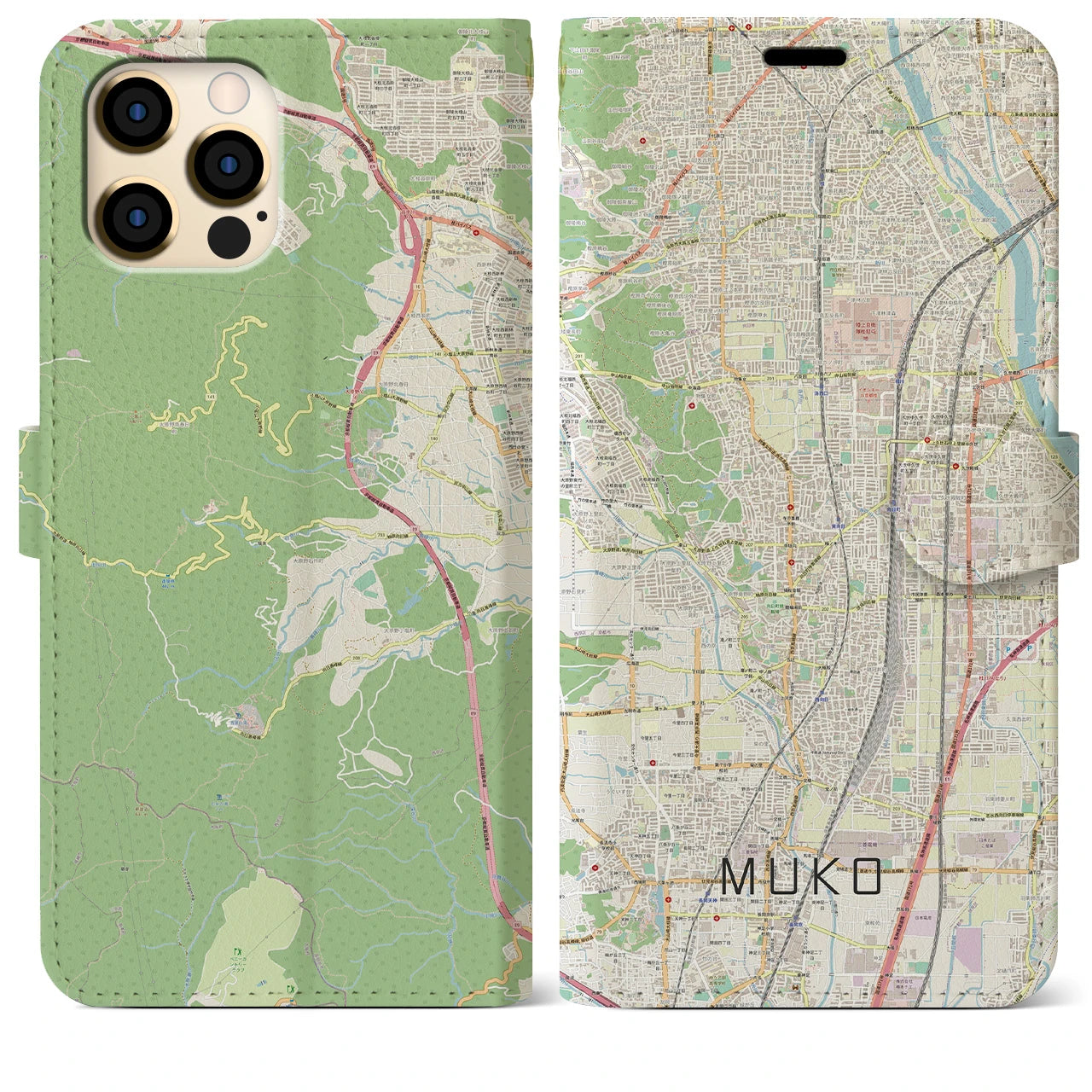 【向日(京都府)】地図柄iPhoneケース(手帳タイプ)ナチュラル・iPhone 12 Pro Max 用