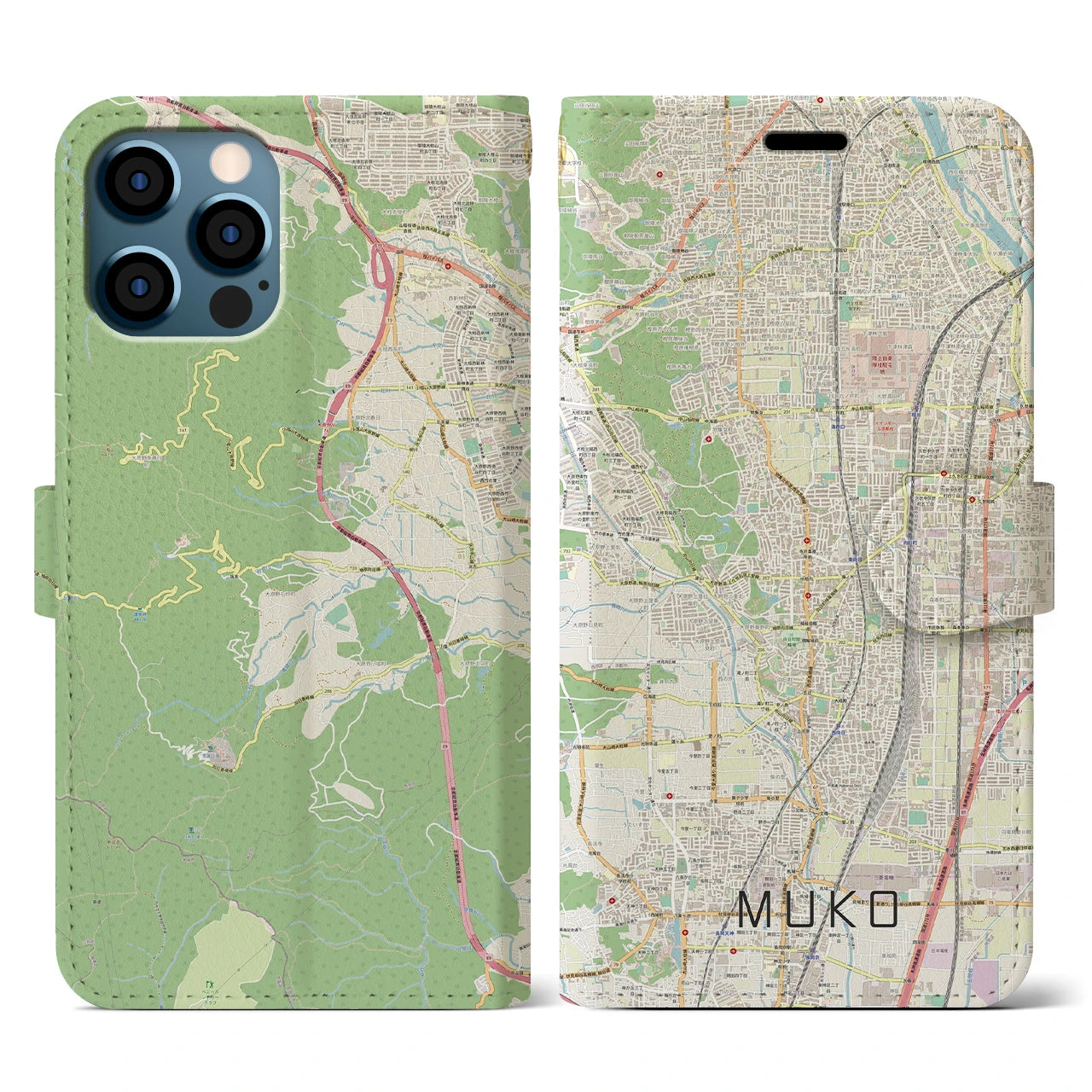 【向日(京都府)】地図柄iPhoneケース(手帳タイプ)ナチュラル・iPhone 12 / 12 Pro 用