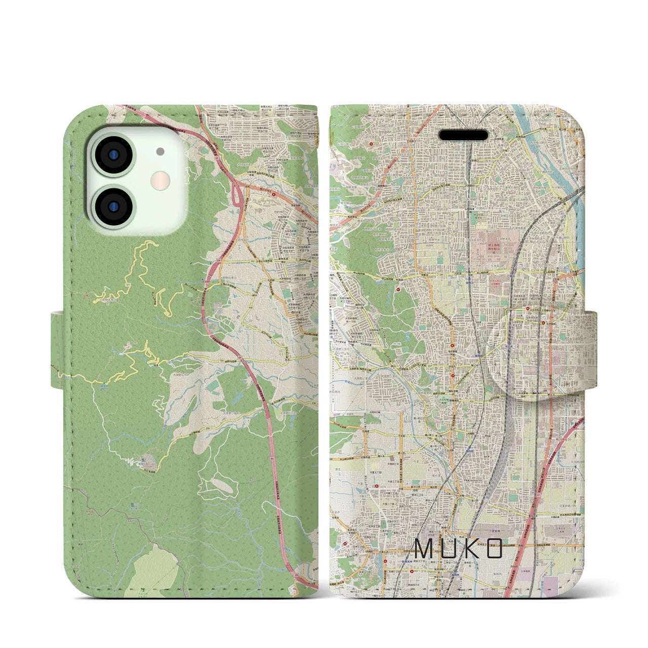 【向日(京都府)】地図柄iPhoneケース(手帳タイプ)ナチュラル・iPhone 12 mini 用
