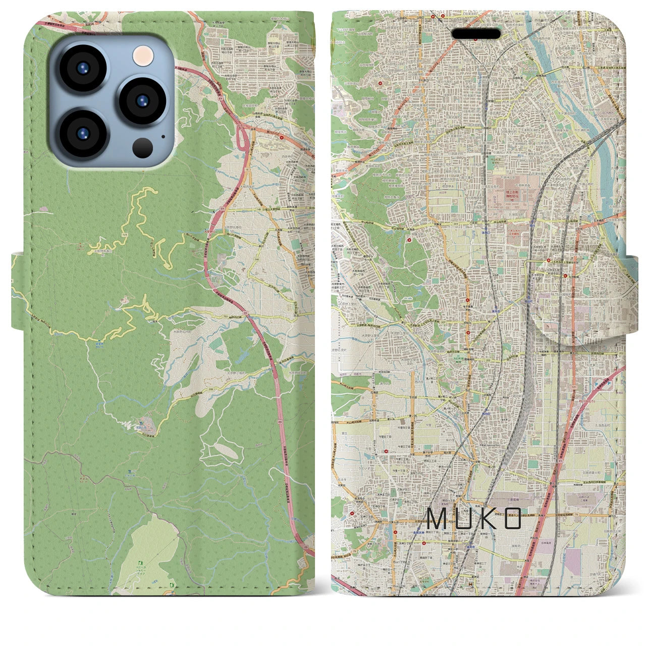 【向日(京都府)】地図柄iPhoneケース(手帳タイプ)ナチュラル・iPhone 13 Pro Max 用