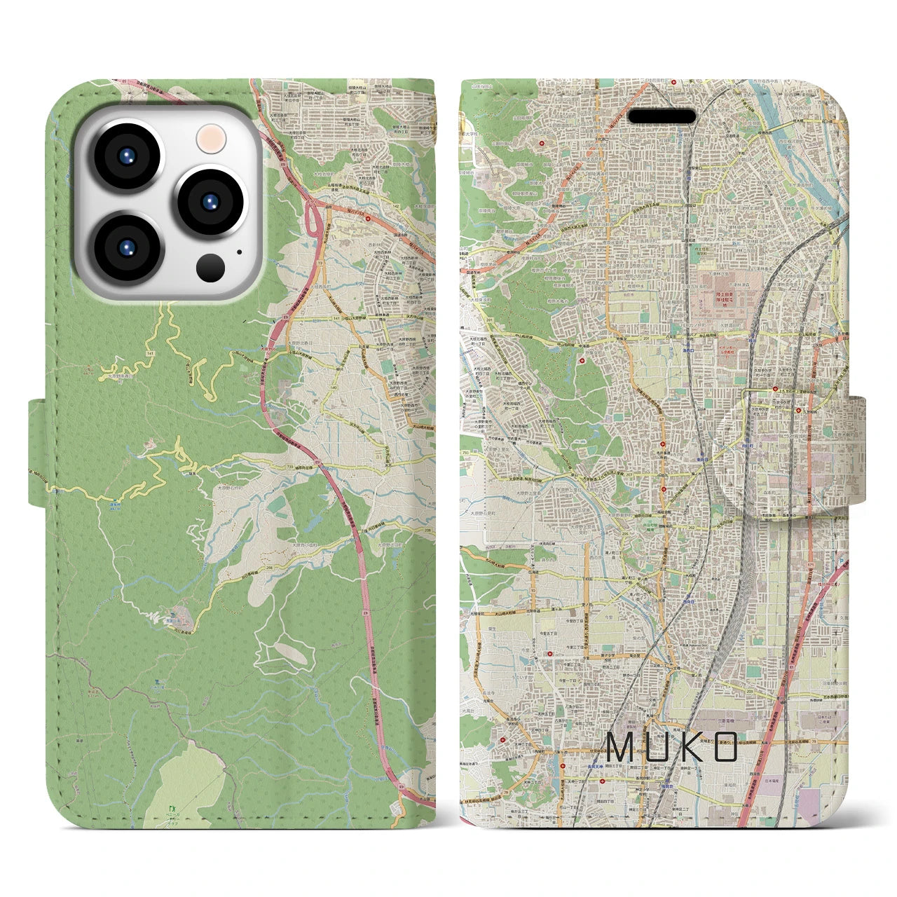 【向日(京都府)】地図柄iPhoneケース(手帳タイプ)ナチュラル・iPhone 13 Pro 用