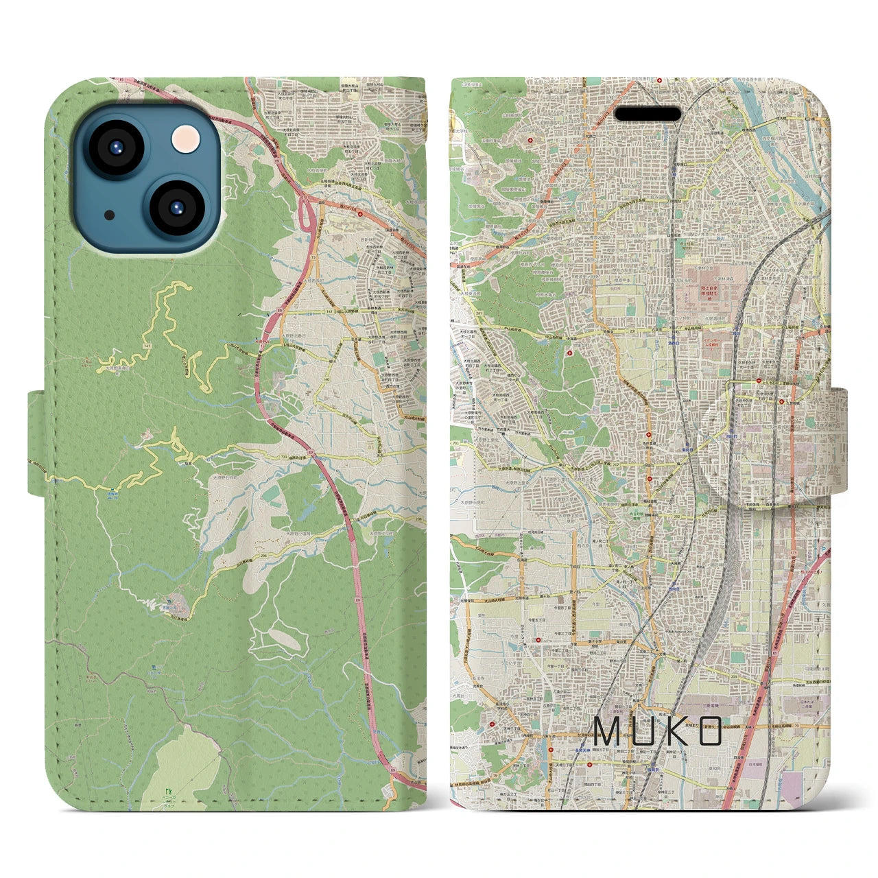 【向日(京都府)】地図柄iPhoneケース(手帳タイプ)ナチュラル・iPhone 13 用