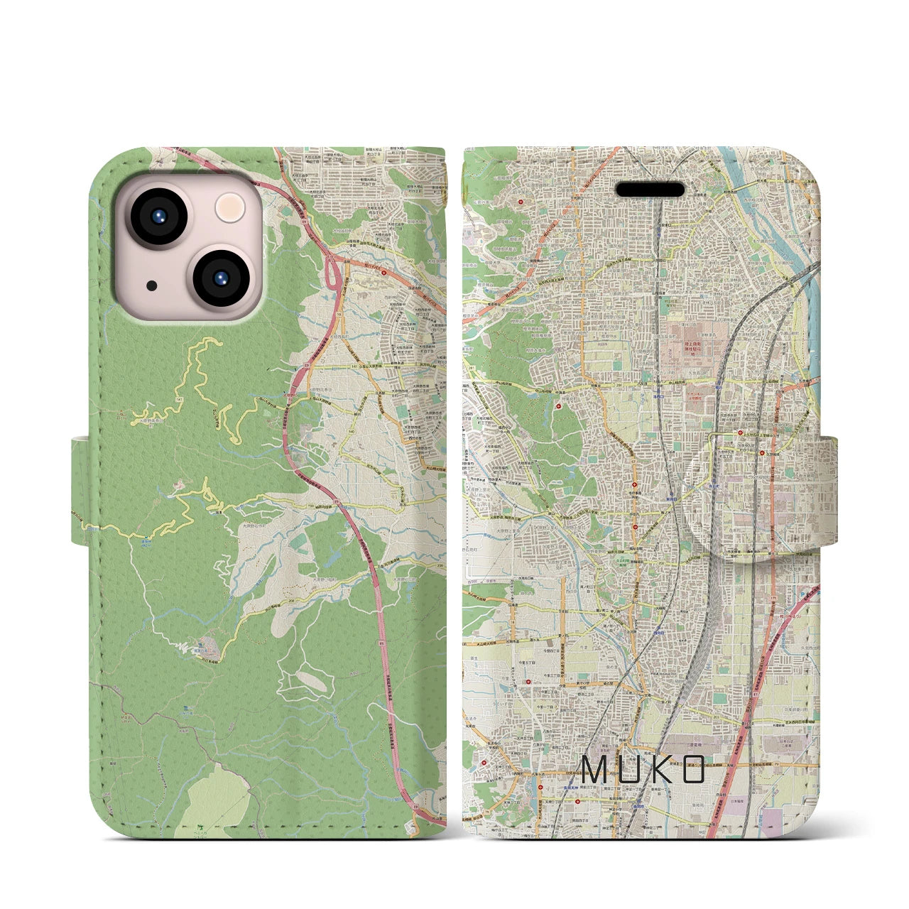 【向日(京都府)】地図柄iPhoneケース(手帳タイプ)ナチュラル・iPhone 13 mini 用