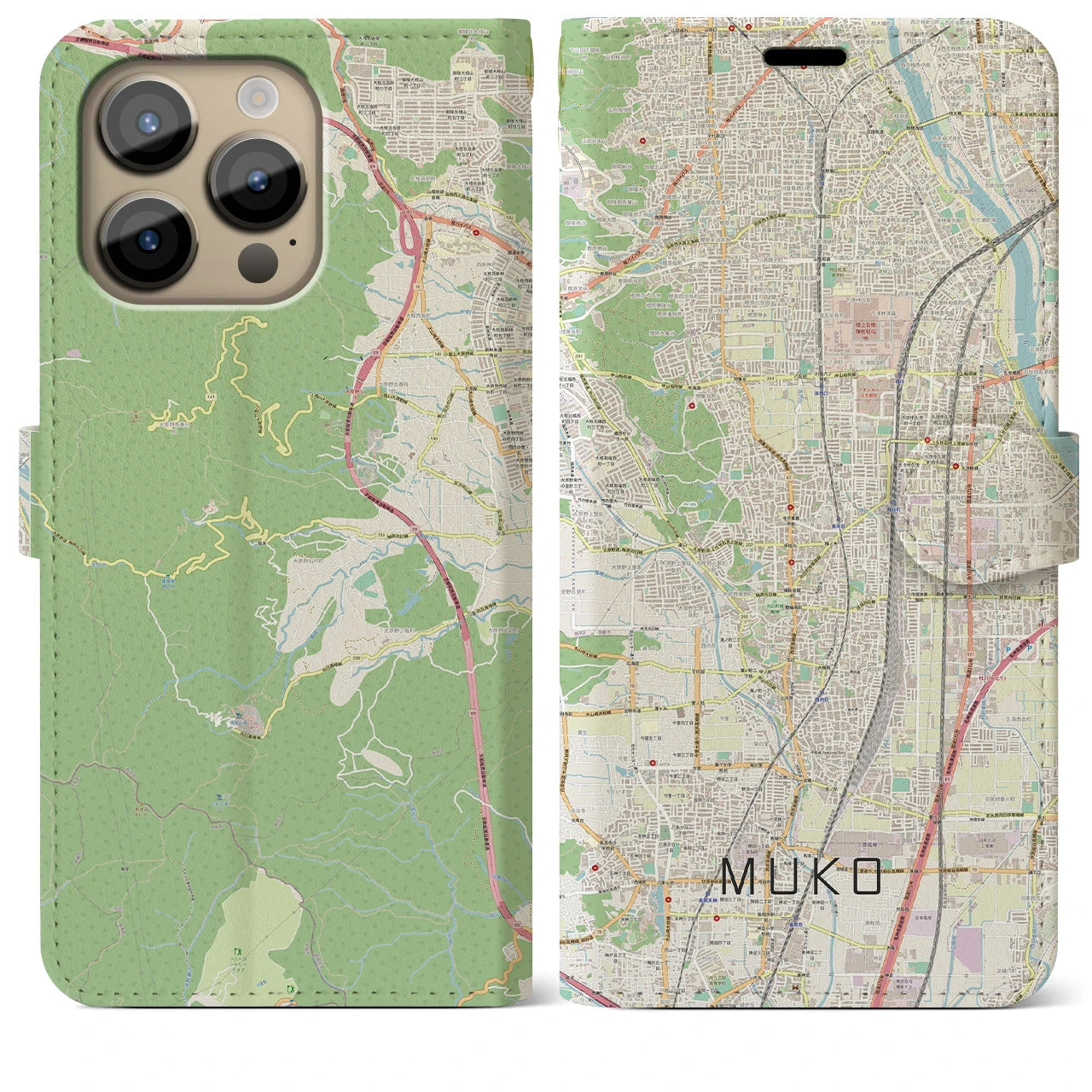 【向日(京都府)】地図柄iPhoneケース(手帳タイプ)ナチュラル・iPhone 14 Pro Max 用