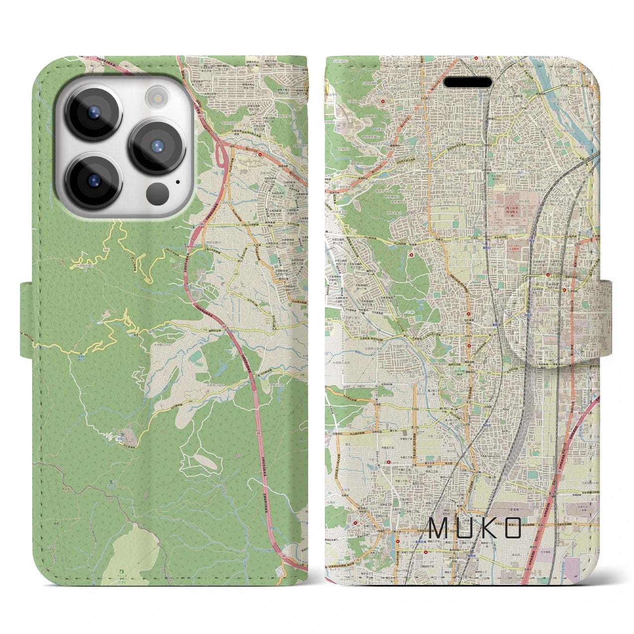 【向日(京都府)】地図柄iPhoneケース(手帳タイプ)ナチュラル・iPhone 14 Pro 用