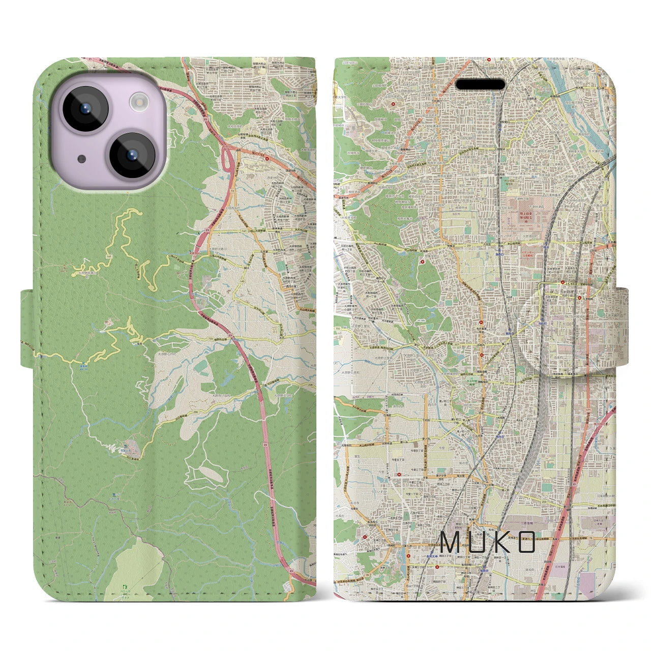 【向日(京都府)】地図柄iPhoneケース(手帳タイプ)ナチュラル・iPhone 14 用