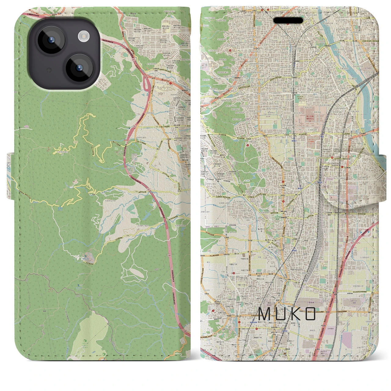 【向日(京都府)】地図柄iPhoneケース(手帳タイプ)ナチュラル・iPhone 14 Plus 用