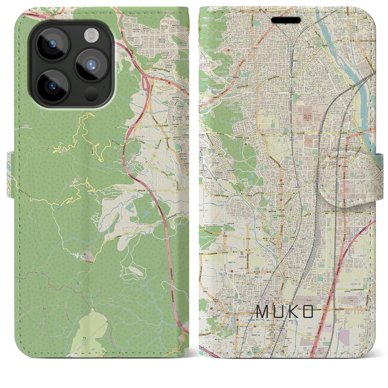 【向日(京都府)】地図柄iPhoneケース(手帳タイプ)ナチュラル・iPhone 15 Pro Max 用