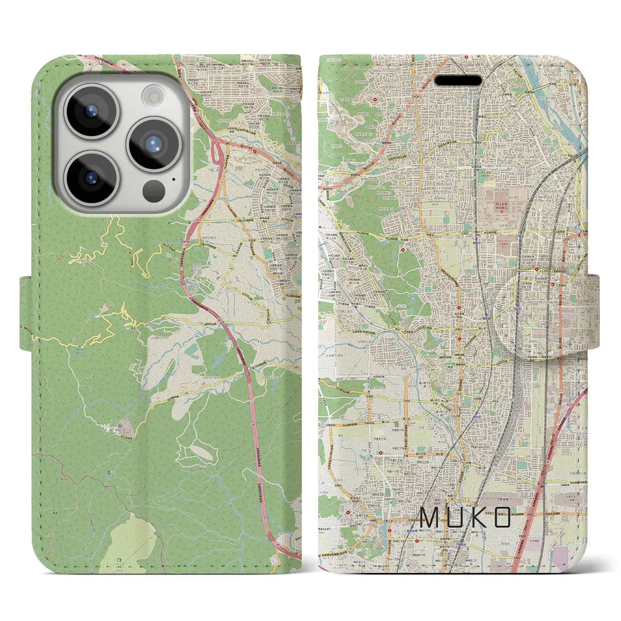 【向日(京都府)】地図柄iPhoneケース(手帳タイプ)ナチュラル・iPhone 15 Pro 用