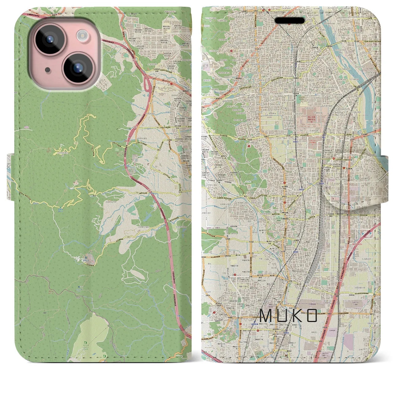 【向日(京都府)】地図柄iPhoneケース(手帳タイプ)ナチュラル・iPhone 15 Plus 用