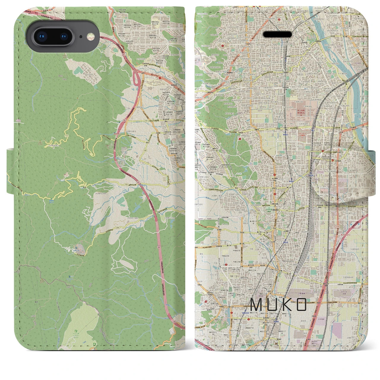 【向日(京都府)】地図柄iPhoneケース(手帳タイプ)ナチュラル・iPhone 8Plus /7Plus / 6sPlus / 6Plus 用