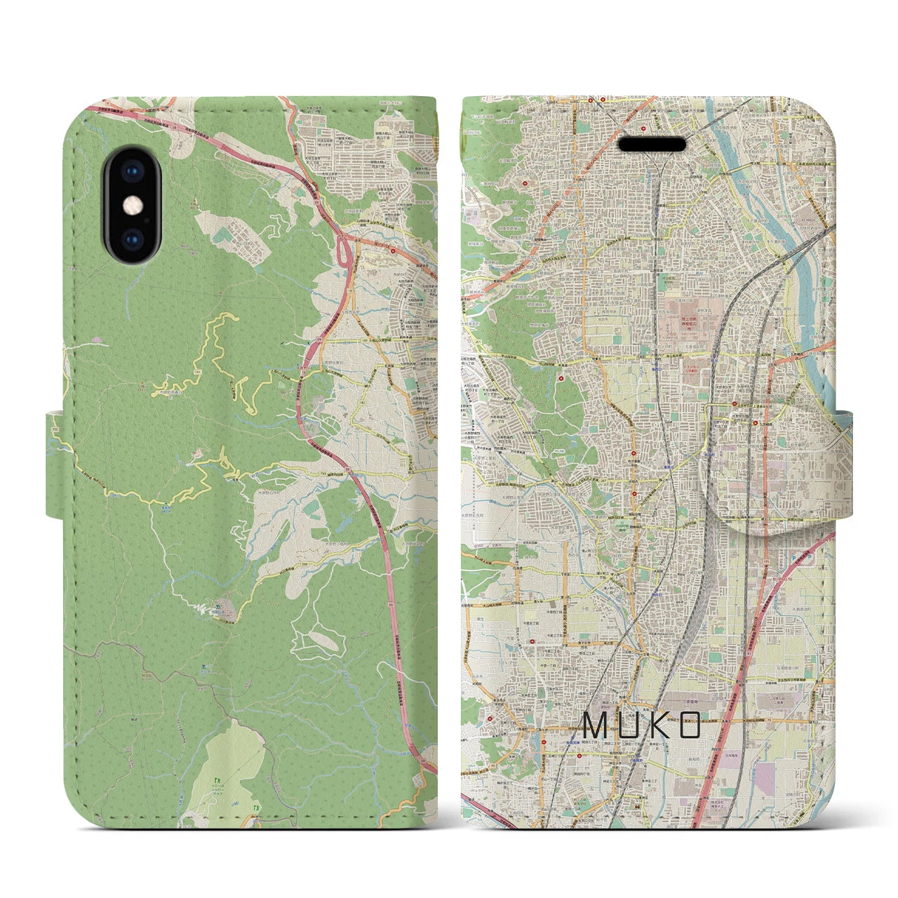 【向日(京都府)】地図柄iPhoneケース(手帳タイプ)ナチュラル・iPhone XS / X 用