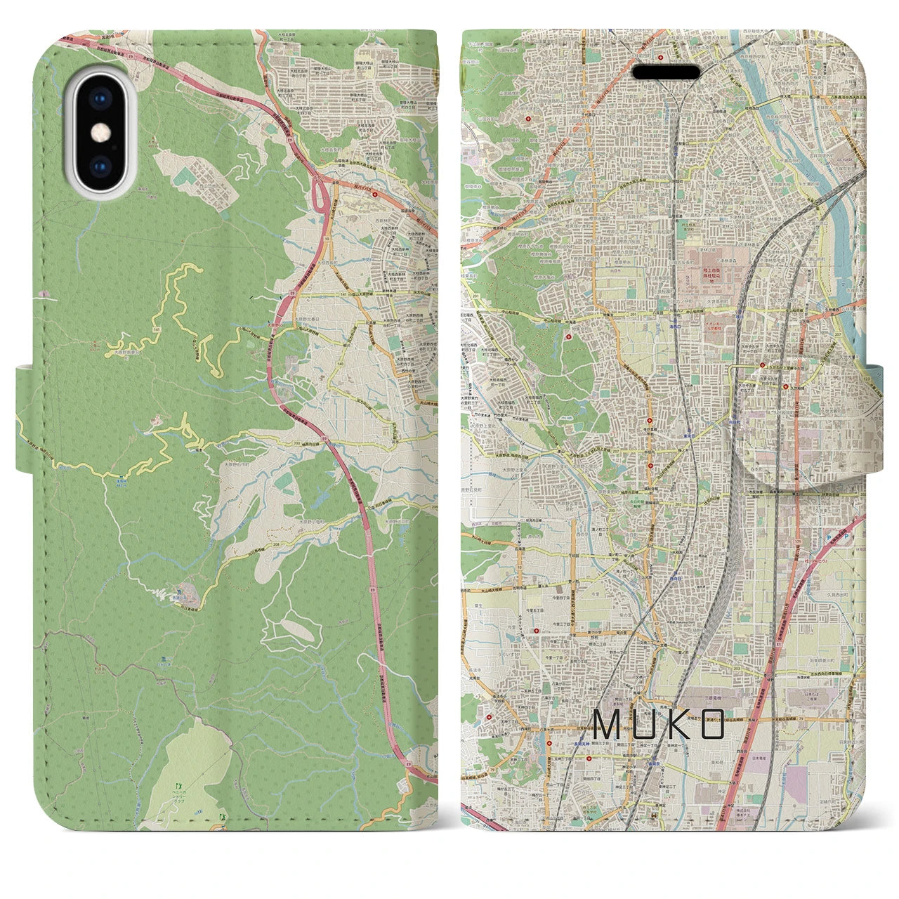 【向日(京都府)】地図柄iPhoneケース(手帳タイプ)ナチュラル・iPhone XS Max 用