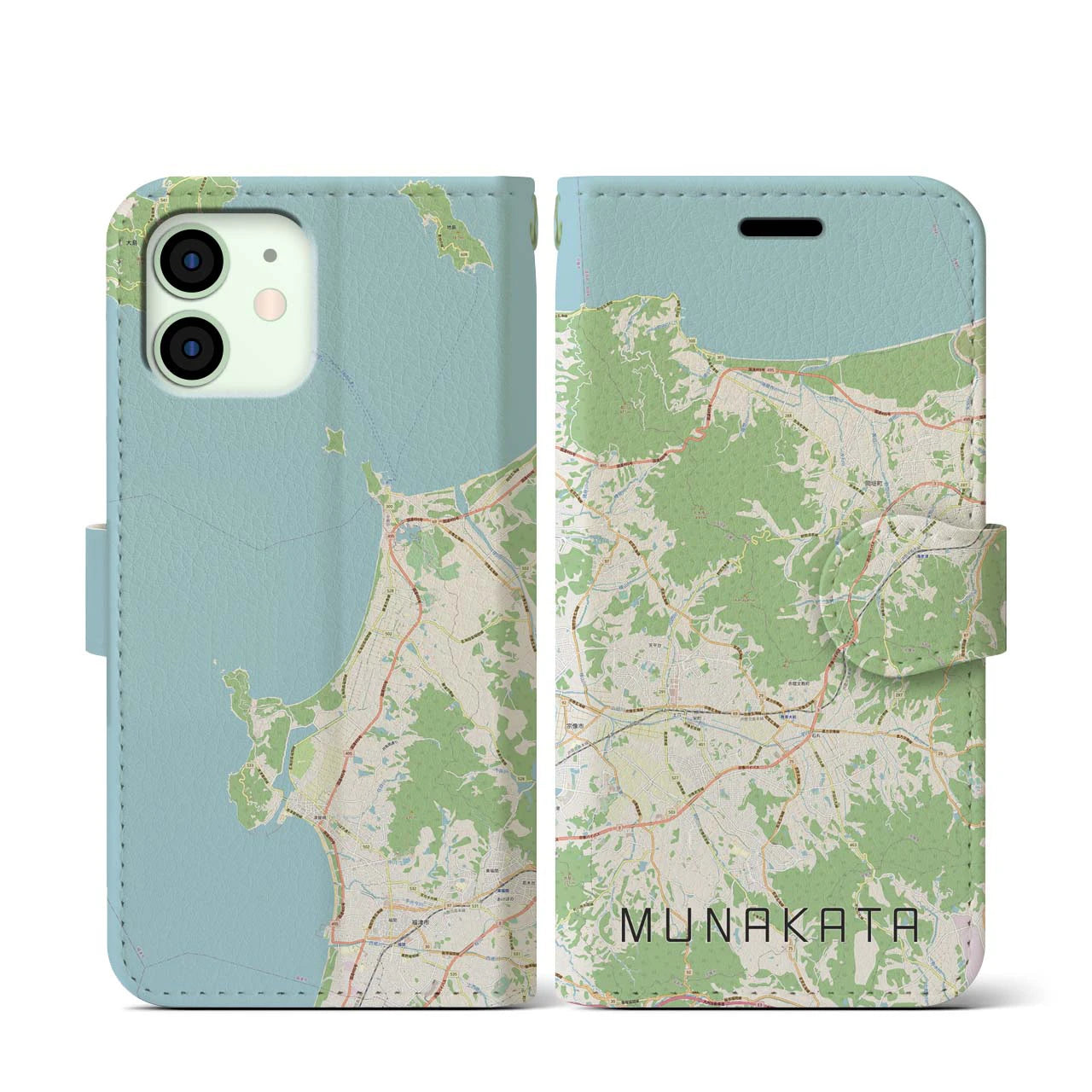 【宗像(福岡県)】地図柄iPhoneケース(手帳タイプ)ナチュラル・iPhone 12 mini 用