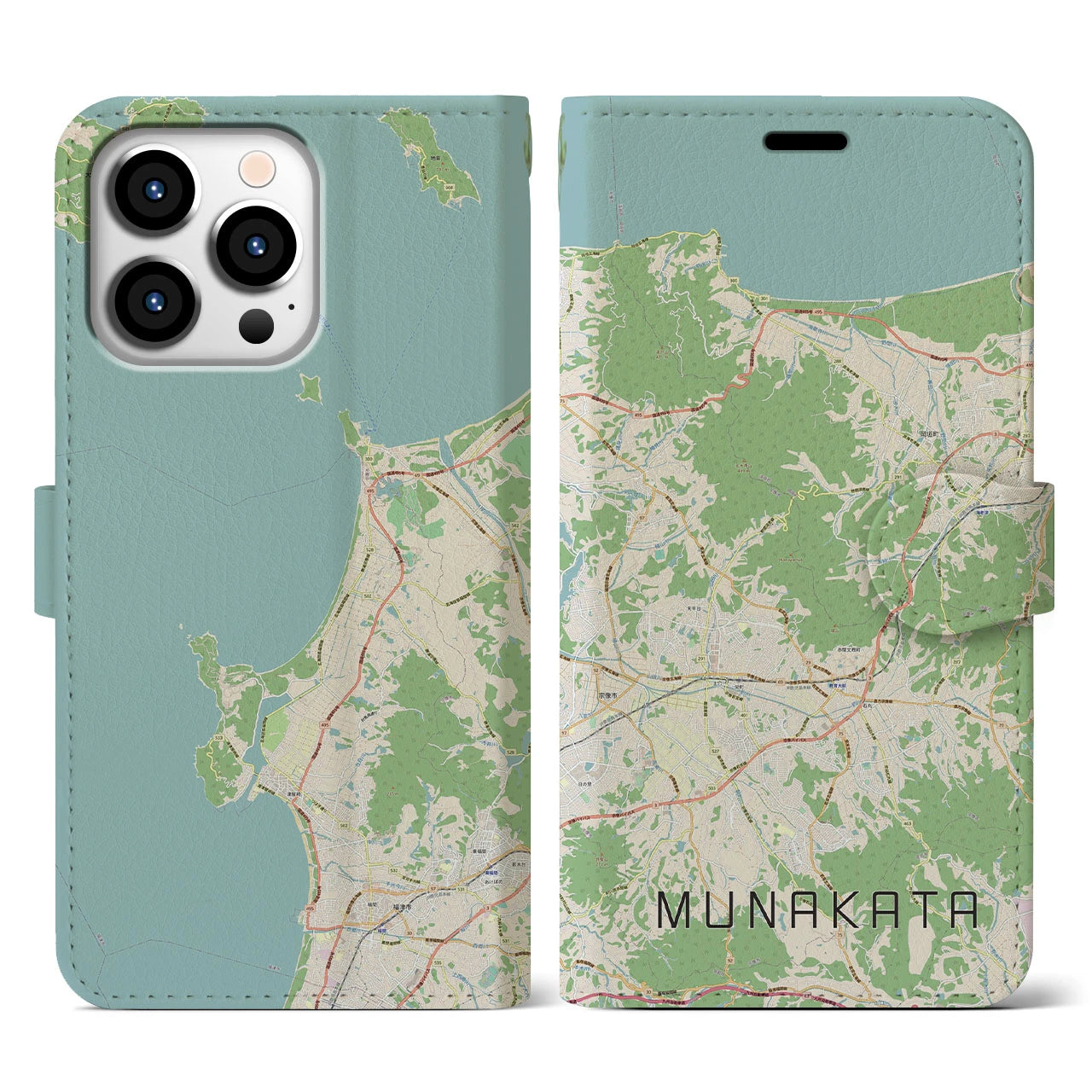 【宗像(福岡県)】地図柄iPhoneケース(手帳タイプ)ナチュラル・iPhone 13 Pro 用