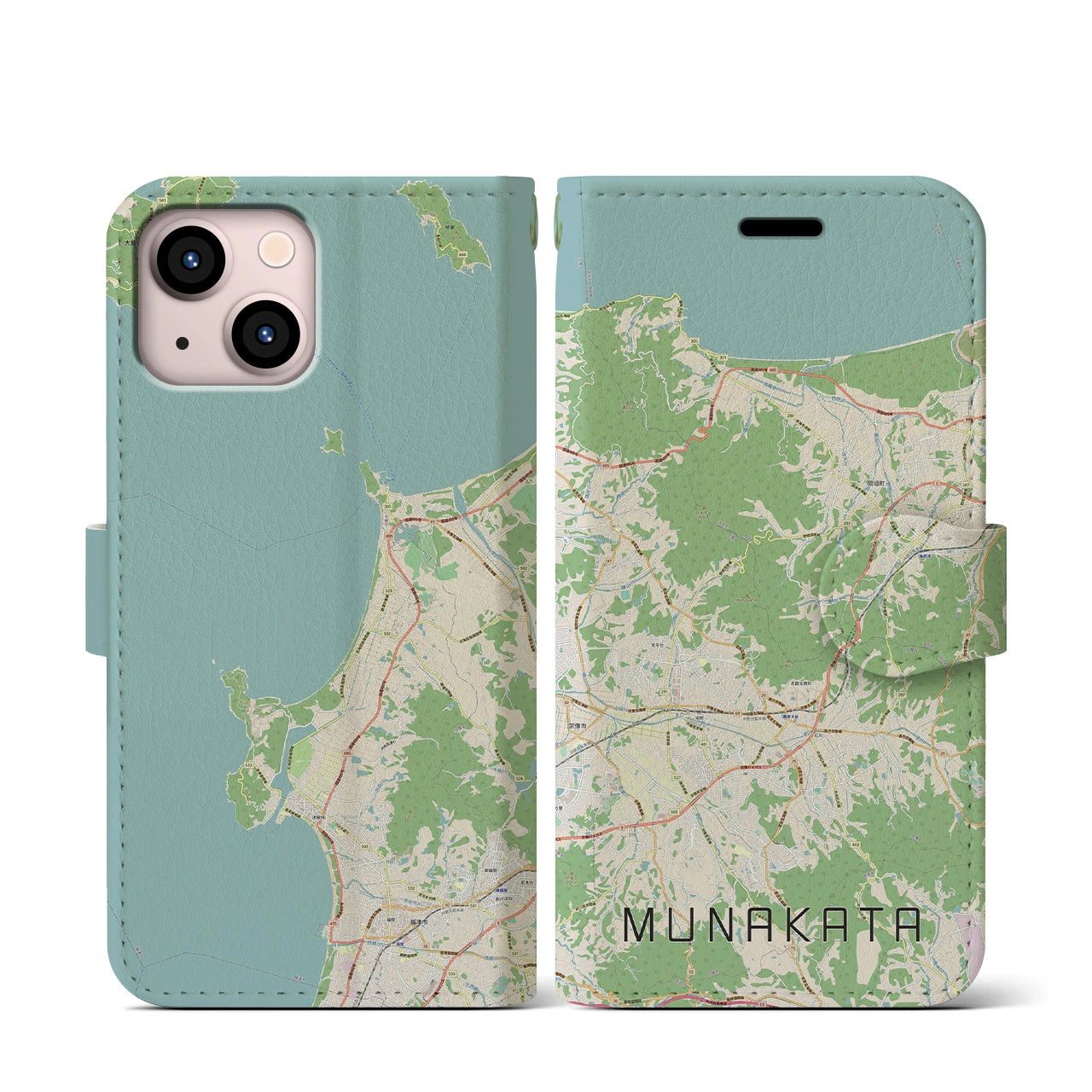 【宗像(福岡県)】地図柄iPhoneケース(手帳タイプ)ナチュラル・iPhone 13 mini 用