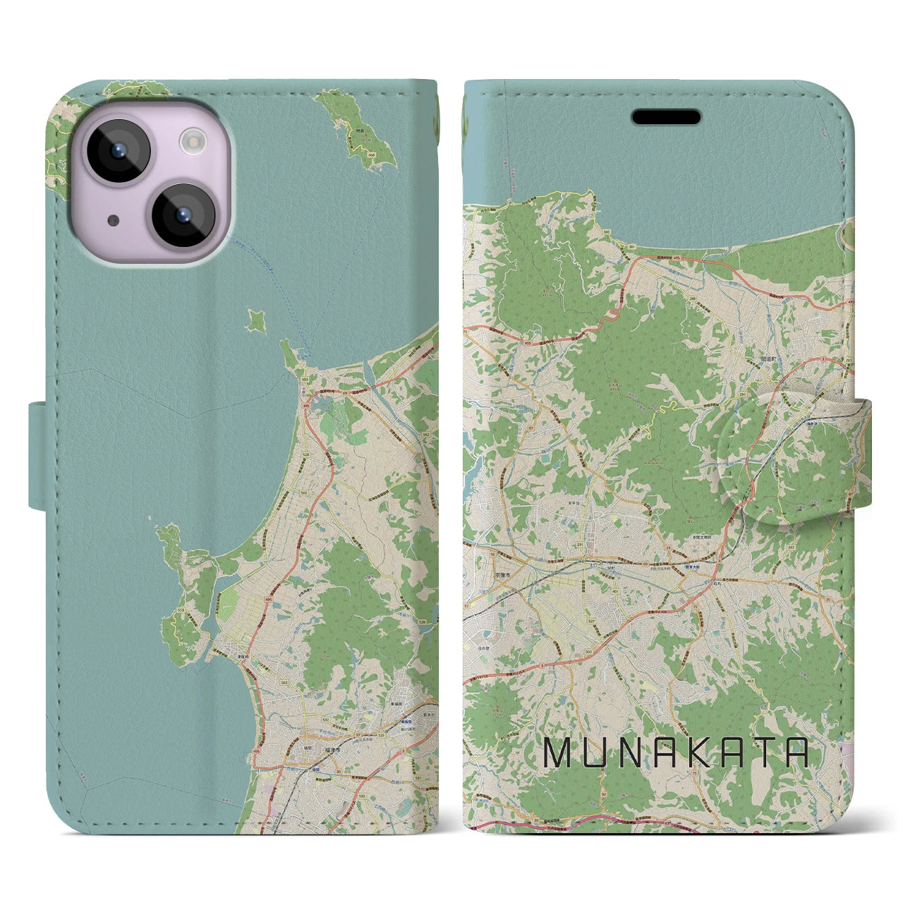 【宗像(福岡県)】地図柄iPhoneケース(手帳タイプ)ナチュラル・iPhone 14 用
