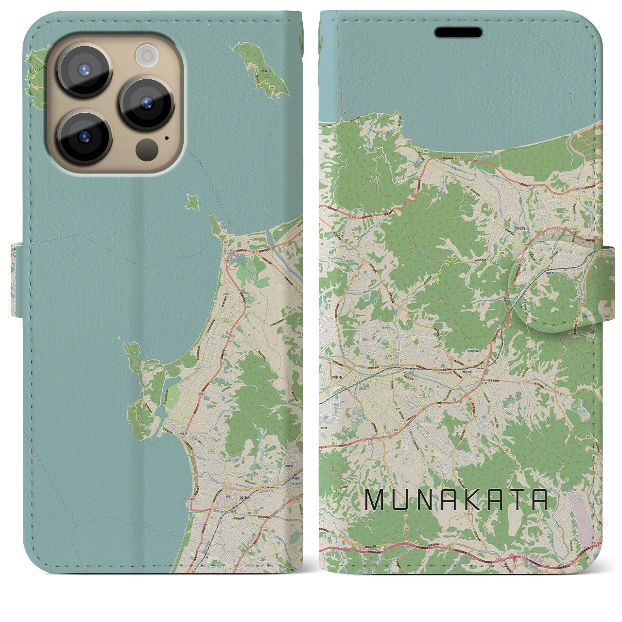 【宗像(福岡県)】地図柄iPhoneケース(手帳タイプ)ナチュラル・iPhone 14 Pro Max 用