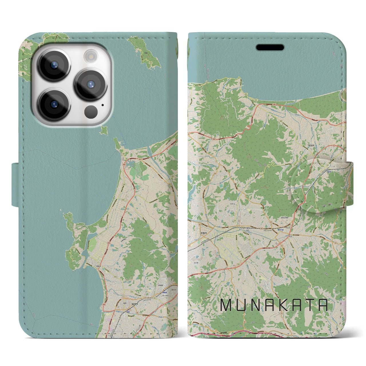 【宗像(福岡県)】地図柄iPhoneケース(手帳タイプ)ナチュラル・iPhone 14 Pro 用