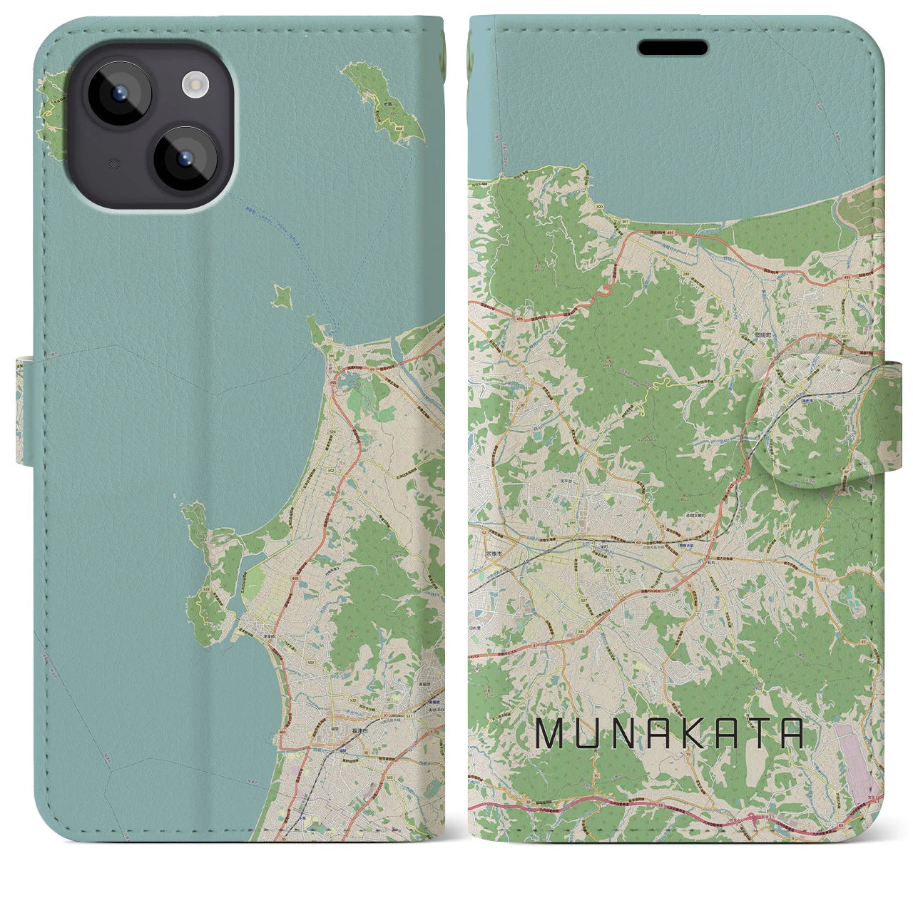【宗像(福岡県)】地図柄iPhoneケース(手帳タイプ)ナチュラル・iPhone 14 Plus 用