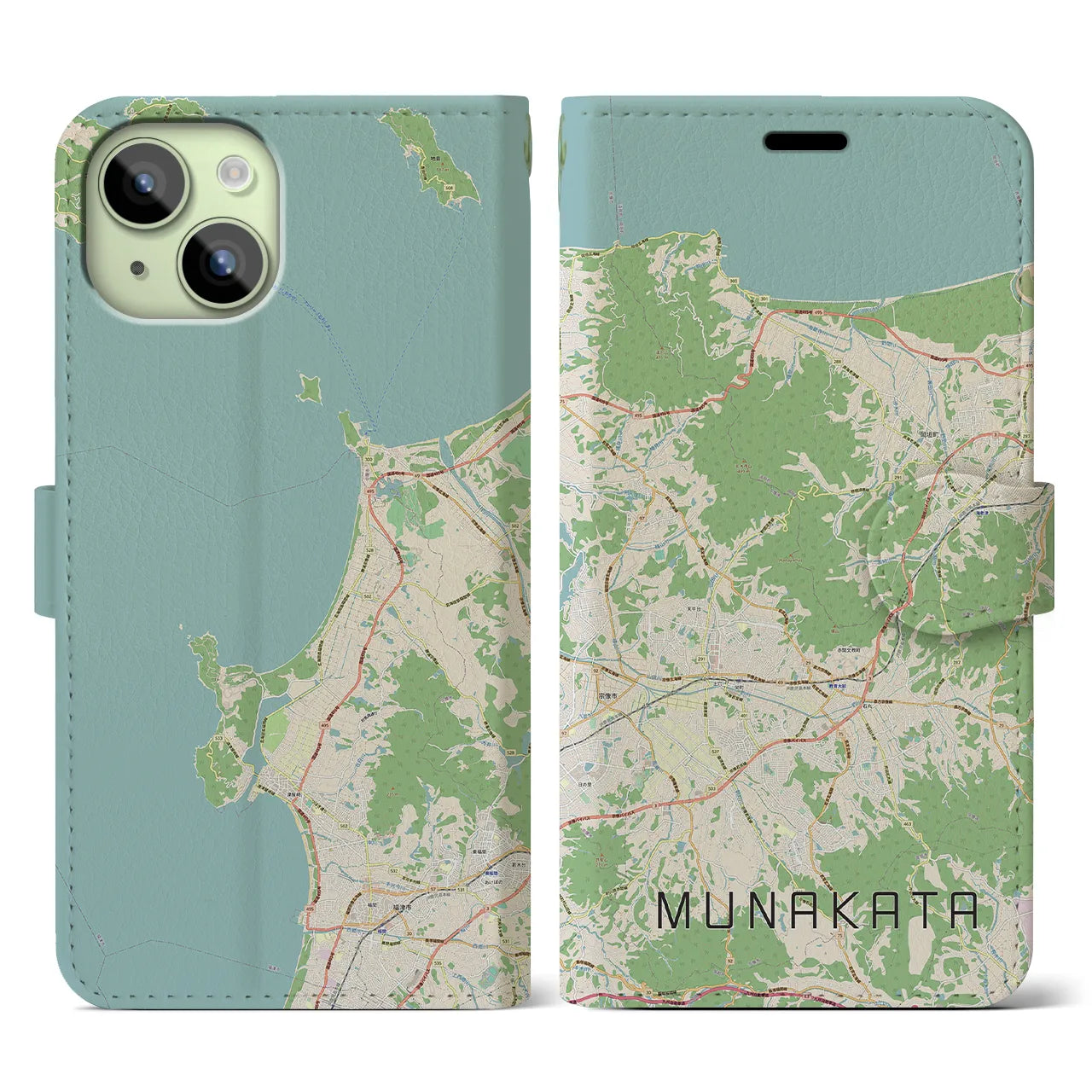 【宗像(福岡県)】地図柄iPhoneケース(手帳タイプ)ナチュラル・iPhone 15 用