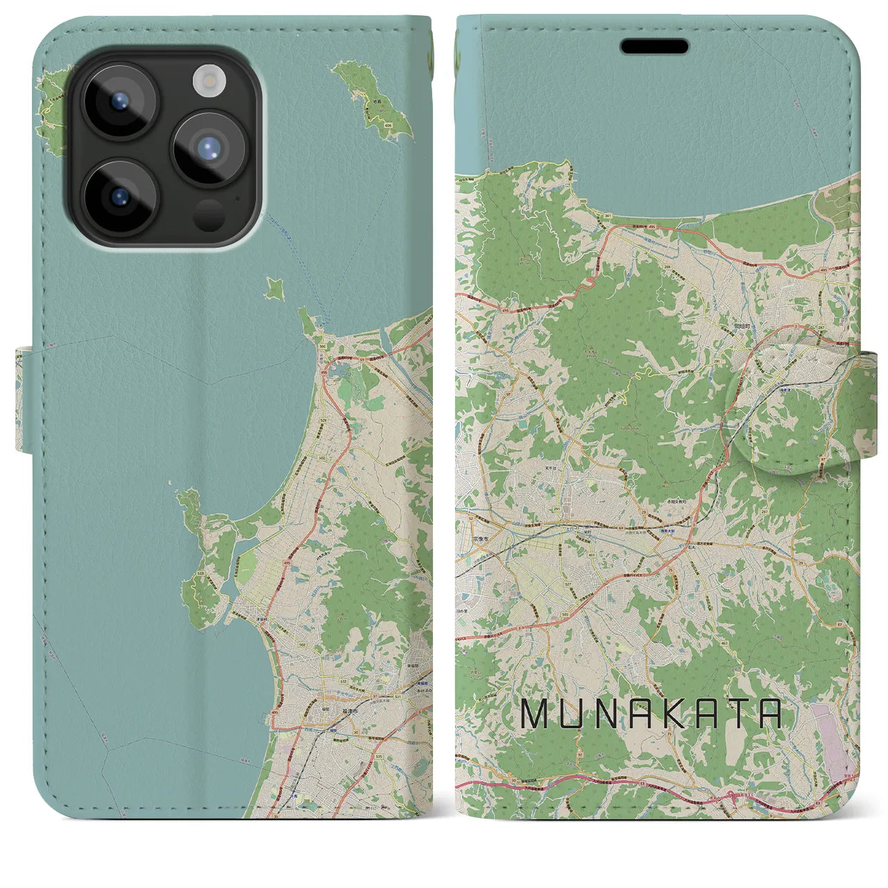 【宗像(福岡県)】地図柄iPhoneケース(手帳タイプ)ナチュラル・iPhone 15 Pro Max 用
