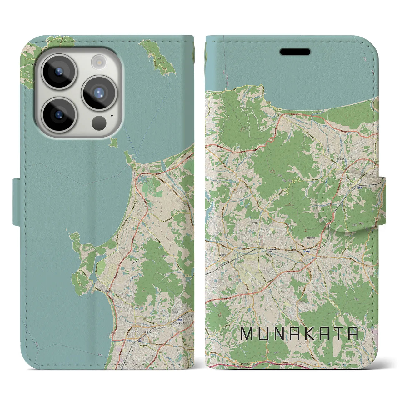 【宗像(福岡県)】地図柄iPhoneケース(手帳タイプ)ナチュラル・iPhone 15 Pro 用