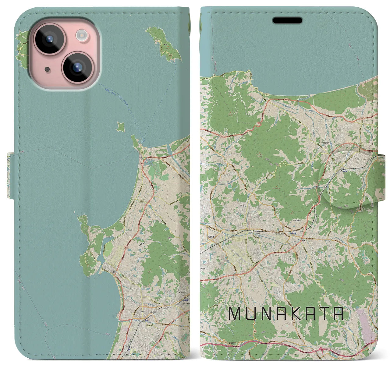 【宗像(福岡県)】地図柄iPhoneケース(手帳タイプ)ナチュラル・iPhone 15 Plus 用