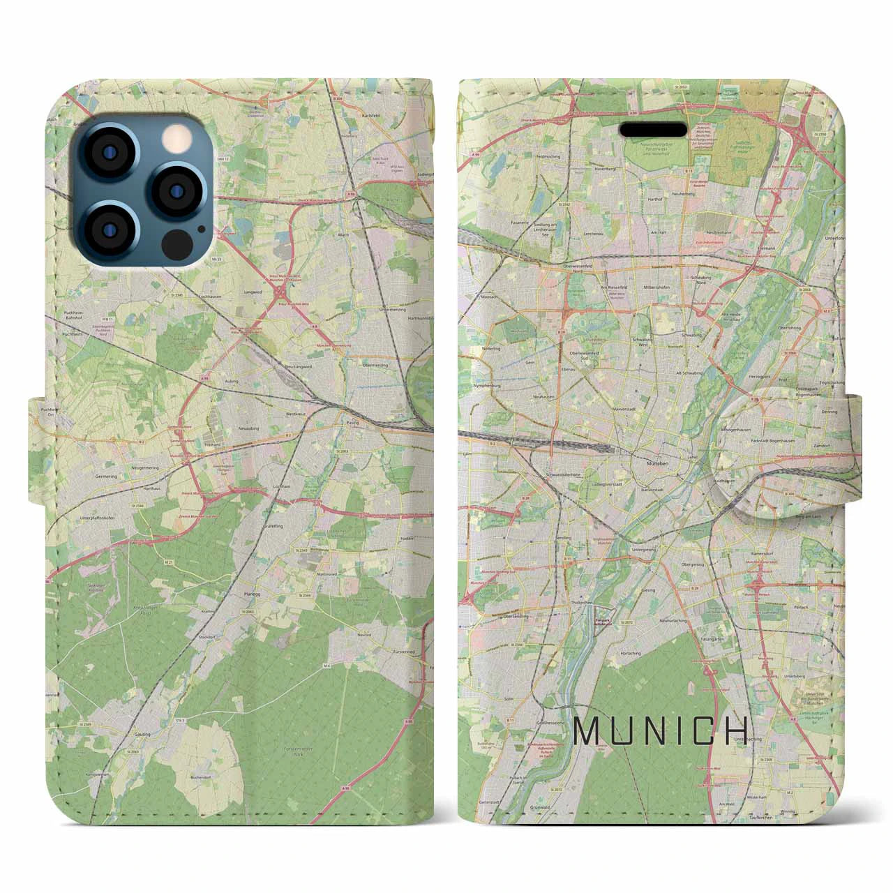 【ミュンヘン(ドイツ)】地図柄iPhoneケース(手帳タイプ)ナチュラル・iPhone 12 / 12 Pro 用