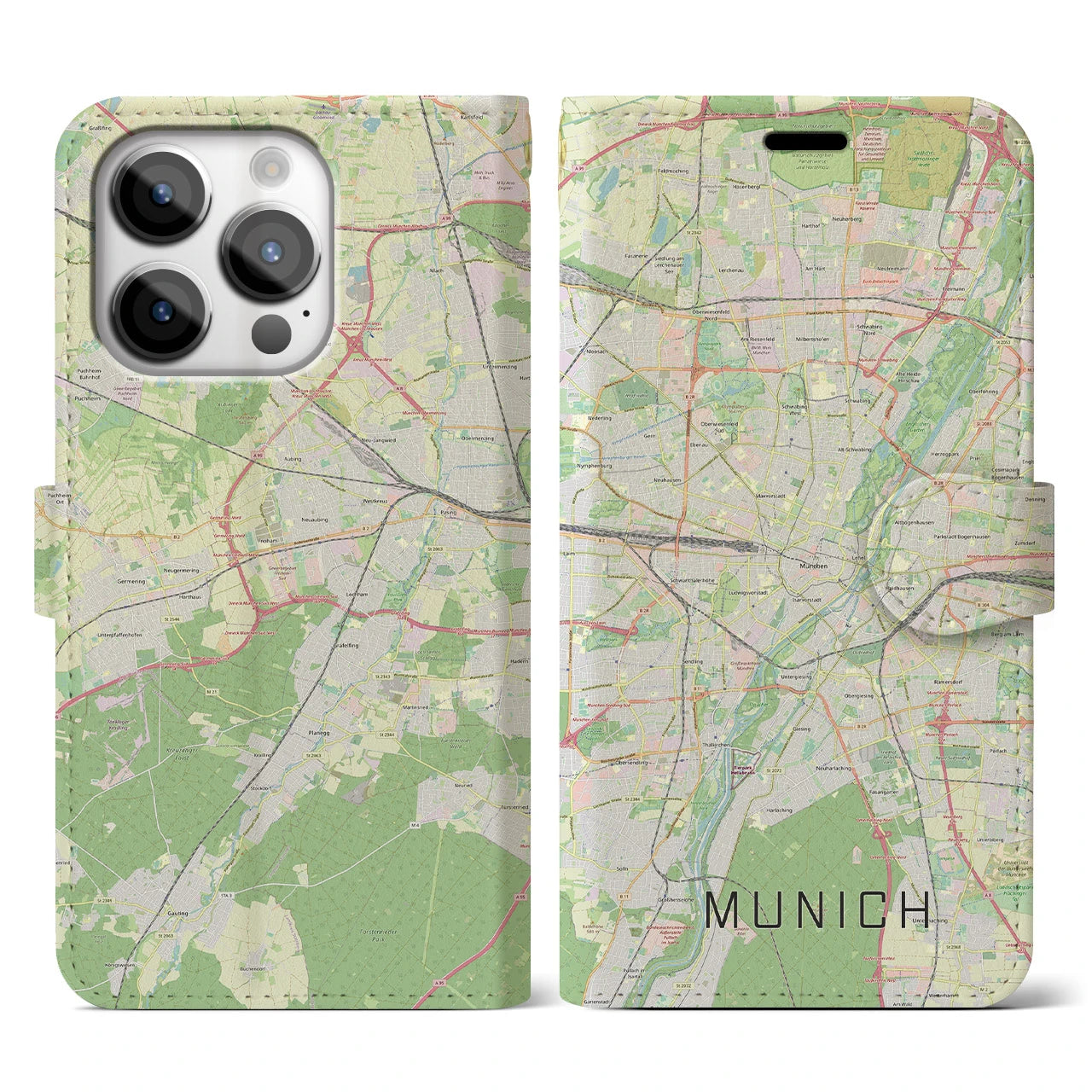 【ミュンヘン(ドイツ)】地図柄iPhoneケース(手帳タイプ)ナチュラル・iPhone 14 Pro 用