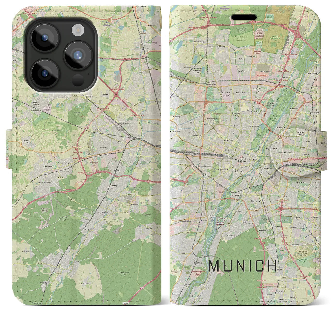 【ミュンヘン(ドイツ)】地図柄iPhoneケース(手帳タイプ)ナチュラル・iPhone 15 Pro Max 用
