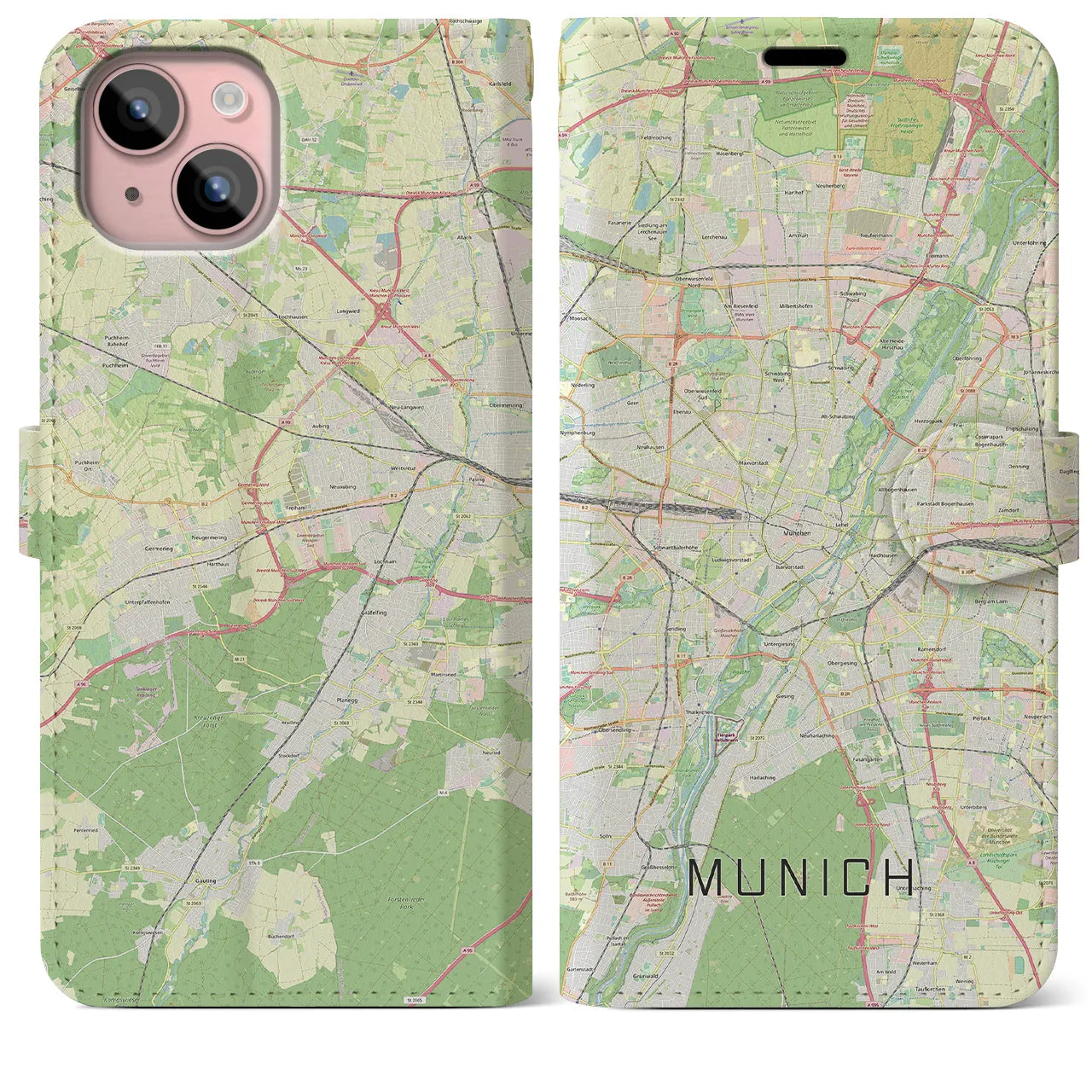 【ミュンヘン(ドイツ)】地図柄iPhoneケース(手帳タイプ)ナチュラル・iPhone 15 Plus 用