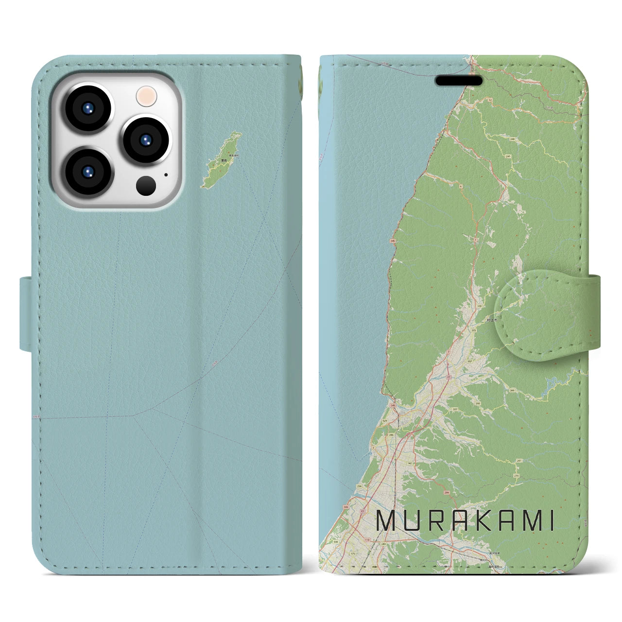 【村上(新潟県)】地図柄iPhoneケース(手帳タイプ)ナチュラル・iPhone 13 Pro 用