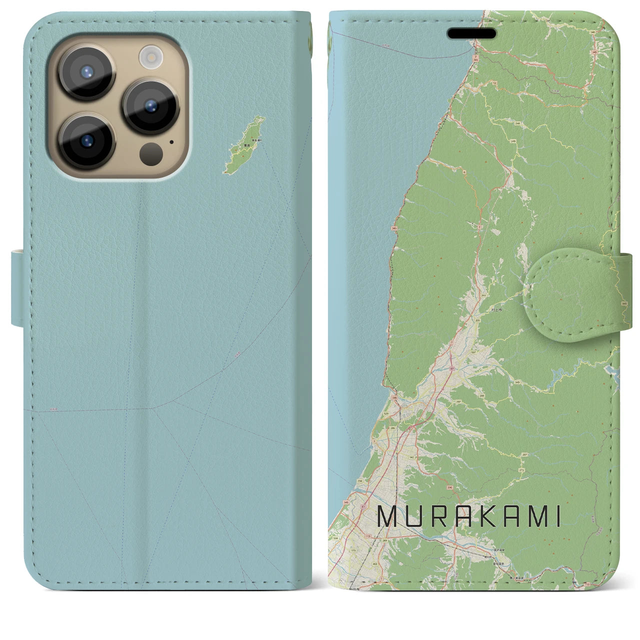 【村上(新潟県)】地図柄iPhoneケース(手帳タイプ)ナチュラル・iPhone 14 Pro Max 用