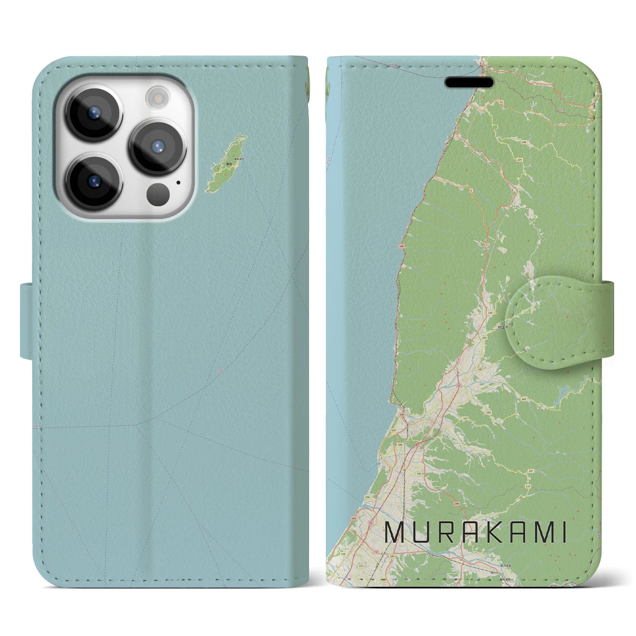 【村上(新潟県)】地図柄iPhoneケース(手帳タイプ)ナチュラル・iPhone 14 Pro 用