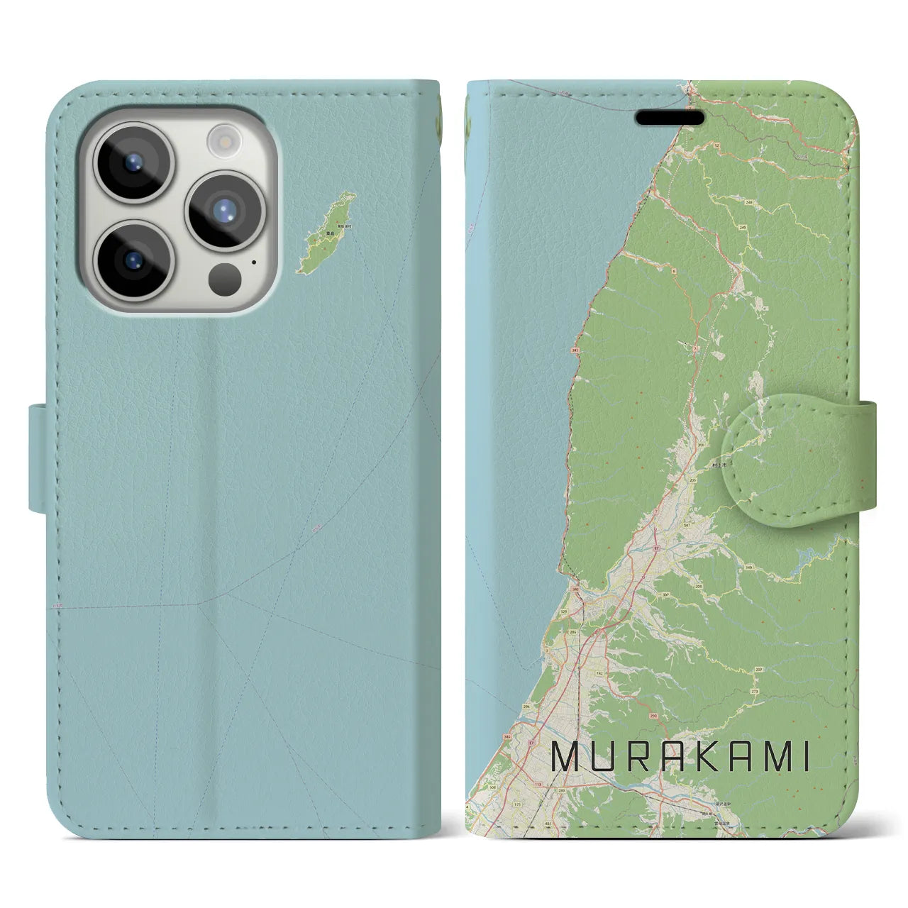 【村上(新潟県)】地図柄iPhoneケース(手帳タイプ)ナチュラル・iPhone 15 Pro 用