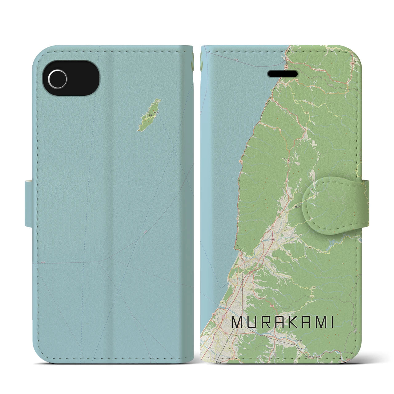 【村上(新潟県)】地図柄iPhoneケース(手帳タイプ)ナチュラル・iPhone SE(第3 / 第2世代) / 8 / 7 / 6s / 6 用