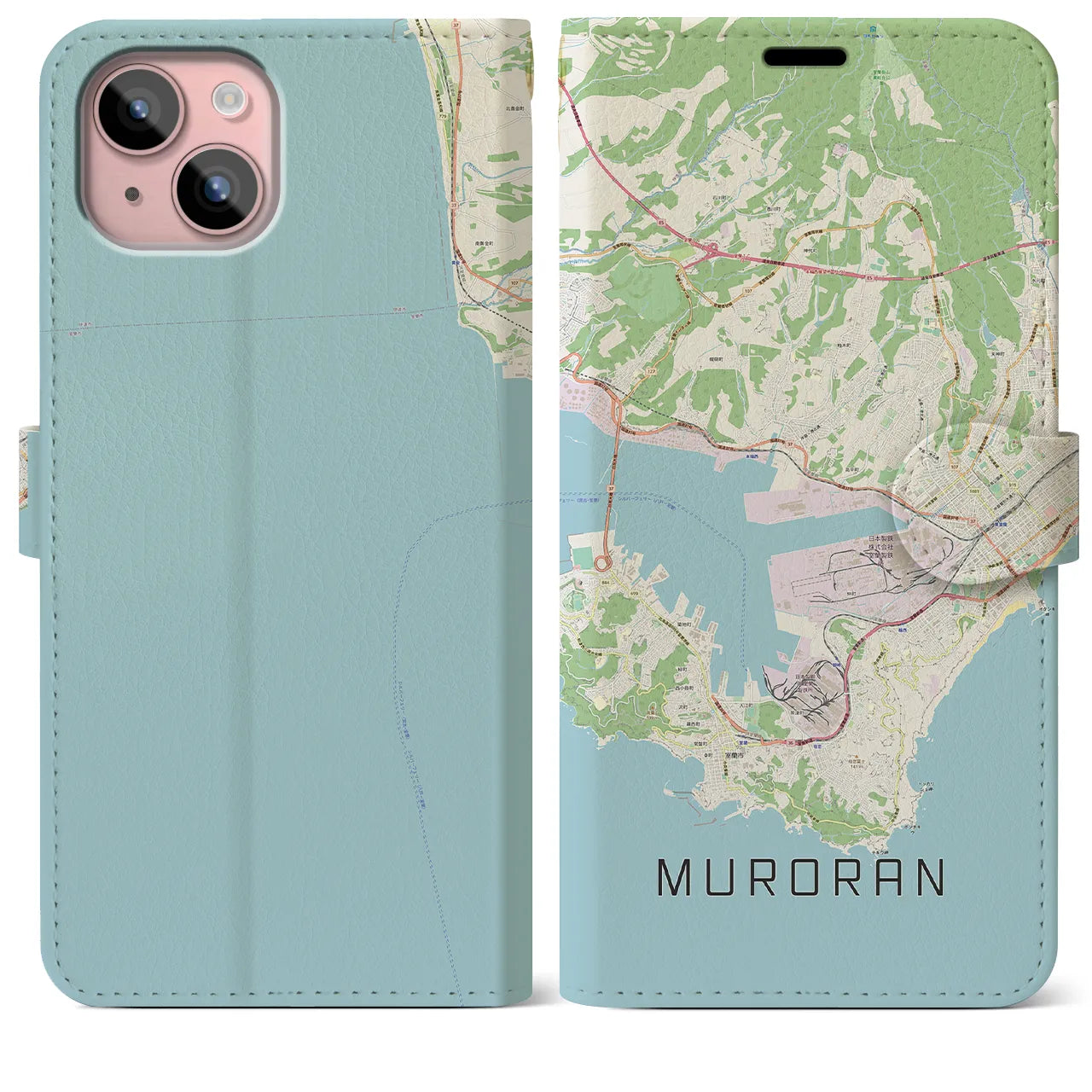 【室蘭(北海道)】地図柄iPhoneケース(手帳タイプ)ナチュラル・iPhone 15 Plus 用