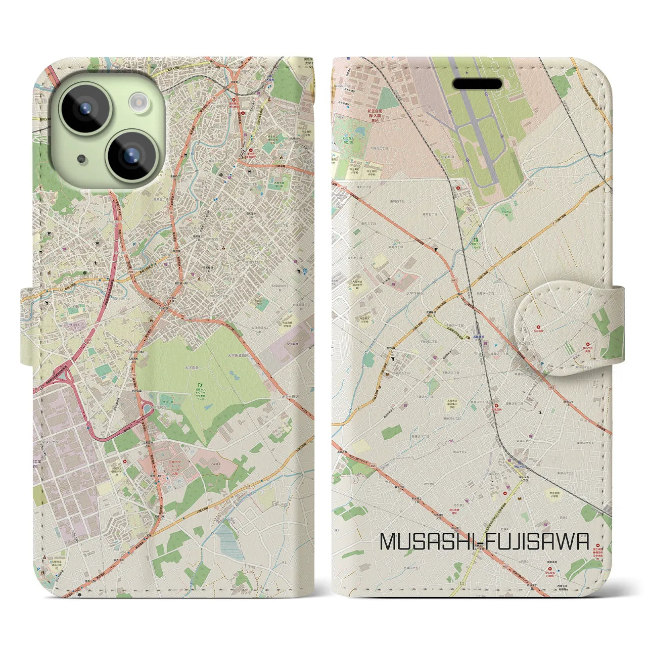 【武蔵藤沢(埼玉県)】地図柄iPhoneケース(手帳タイプ)ナチュラル・iPhone 15 用