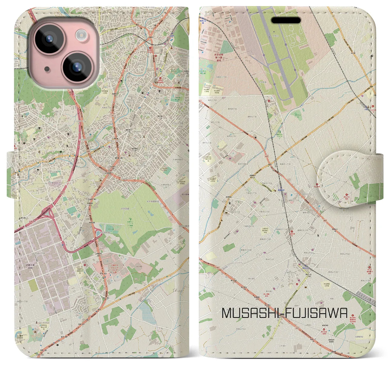 【武蔵藤沢(埼玉県)】地図柄iPhoneケース(手帳タイプ)ナチュラル・iPhone 15 Plus 用