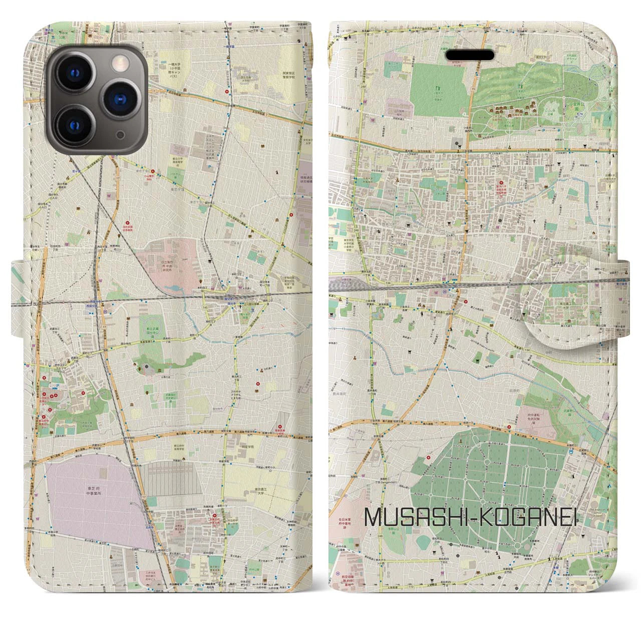 【武蔵小金井(東京都)】地図柄iPhoneケース(手帳タイプ)ナチュラル・iPhone 11 Pro Max 用