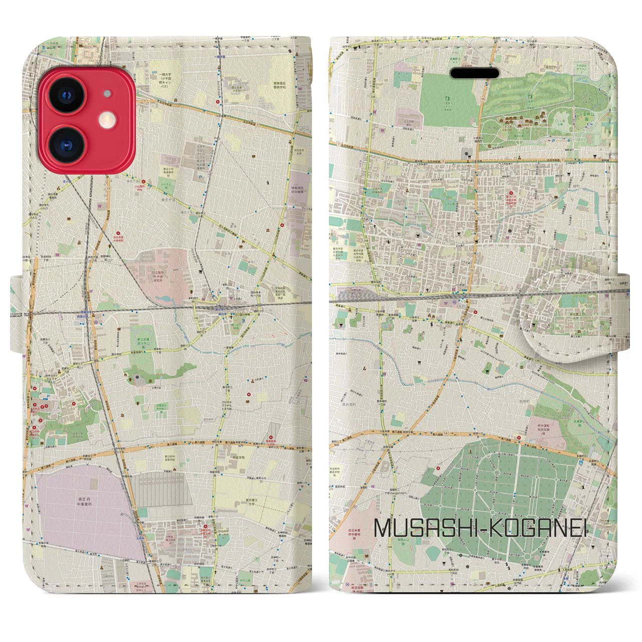 【武蔵小金井(東京都)】地図柄iPhoneケース(手帳タイプ)ナチュラル・iPhone 11 用