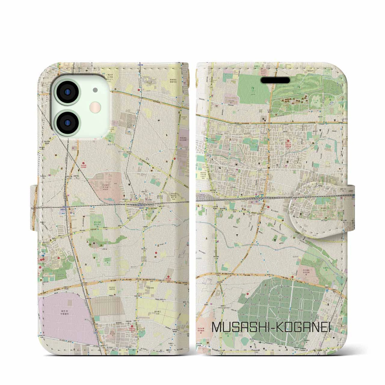 【武蔵小金井(東京都)】地図柄iPhoneケース(手帳タイプ)ナチュラル・iPhone 12 mini 用