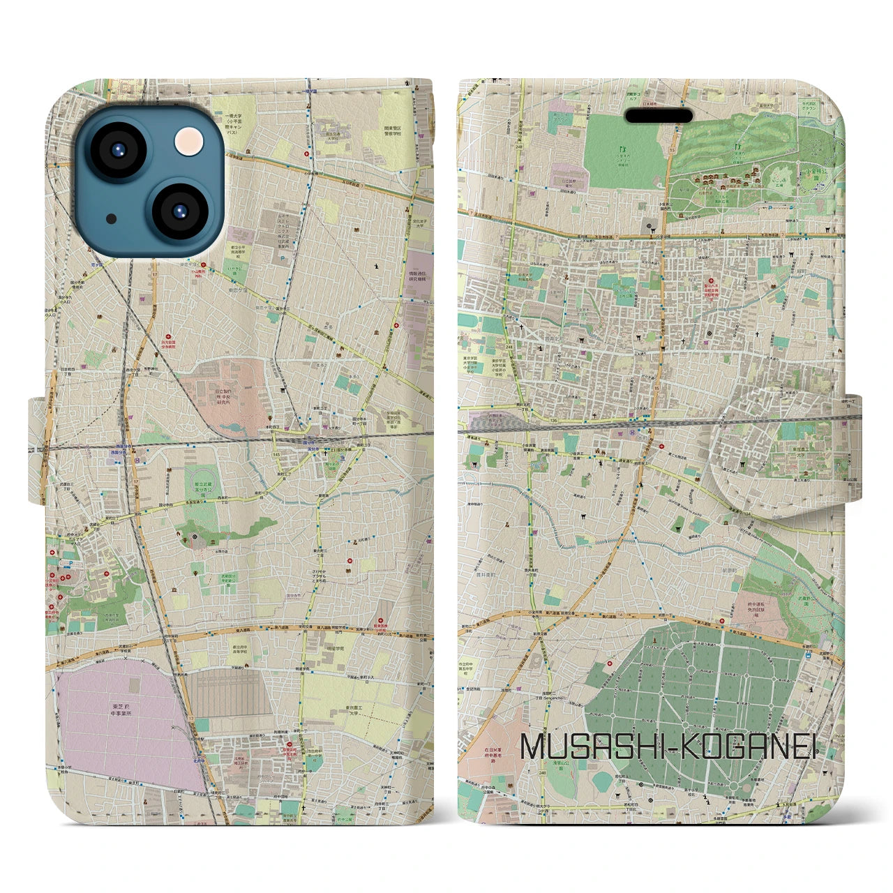 【武蔵小金井(東京都)】地図柄iPhoneケース(手帳タイプ)ナチュラル・iPhone 13 用