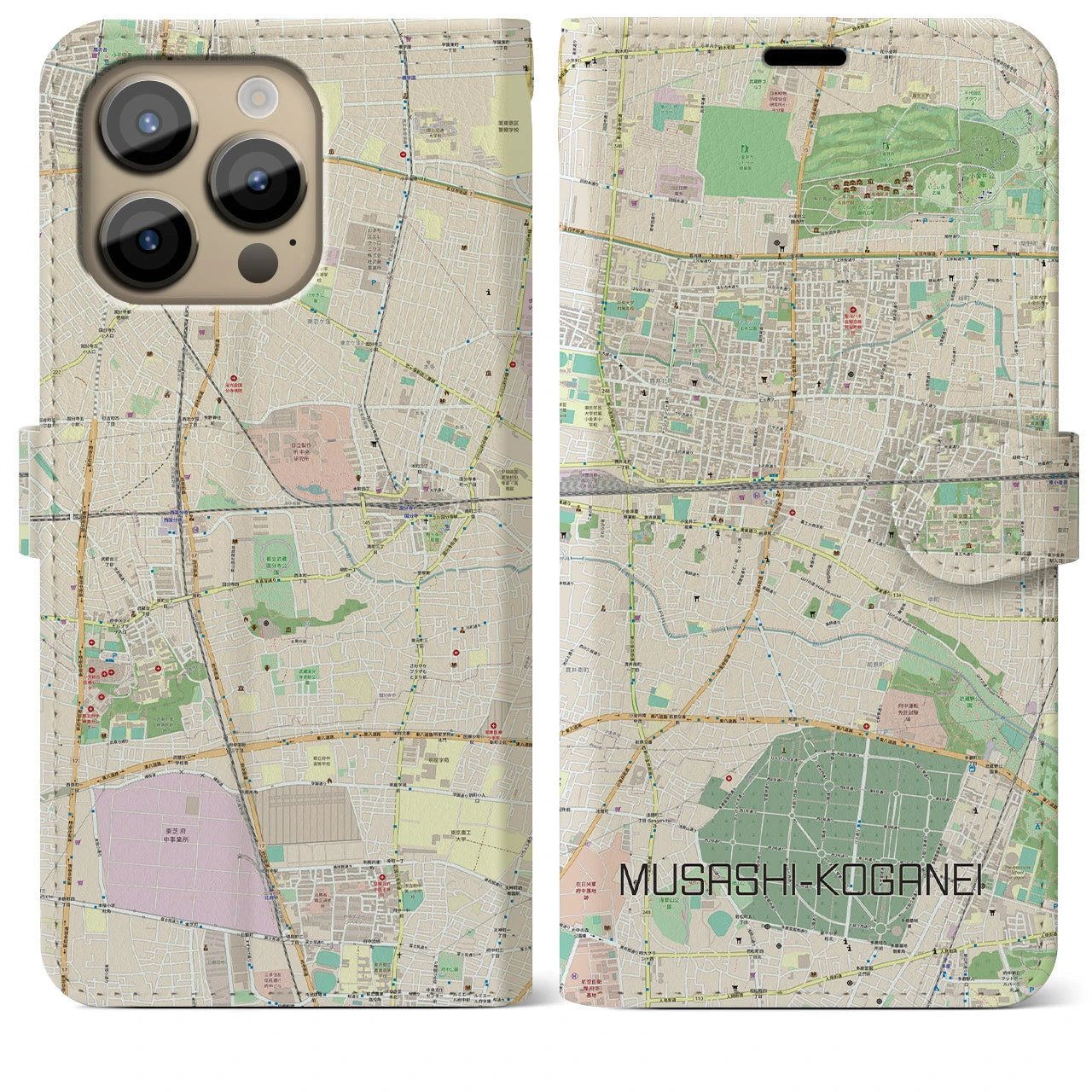【武蔵小金井(東京都)】地図柄iPhoneケース(手帳タイプ)ナチュラル・iPhone 14 Pro Max 用
