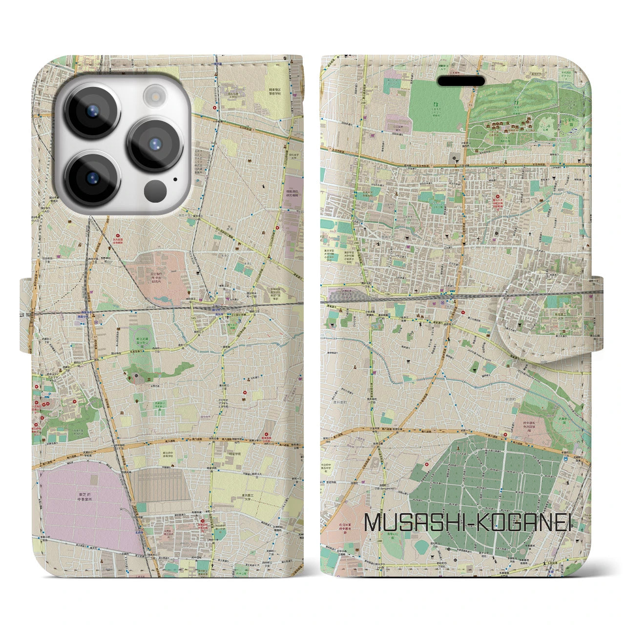 【武蔵小金井(東京都)】地図柄iPhoneケース(手帳タイプ)ナチュラル・iPhone 14 Pro 用