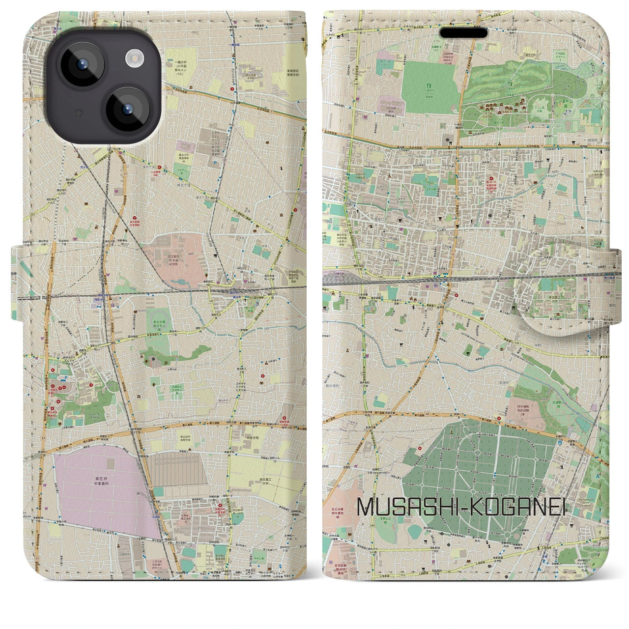 【武蔵小金井(東京都)】地図柄iPhoneケース(手帳タイプ)ナチュラル・iPhone 14 Plus 用
