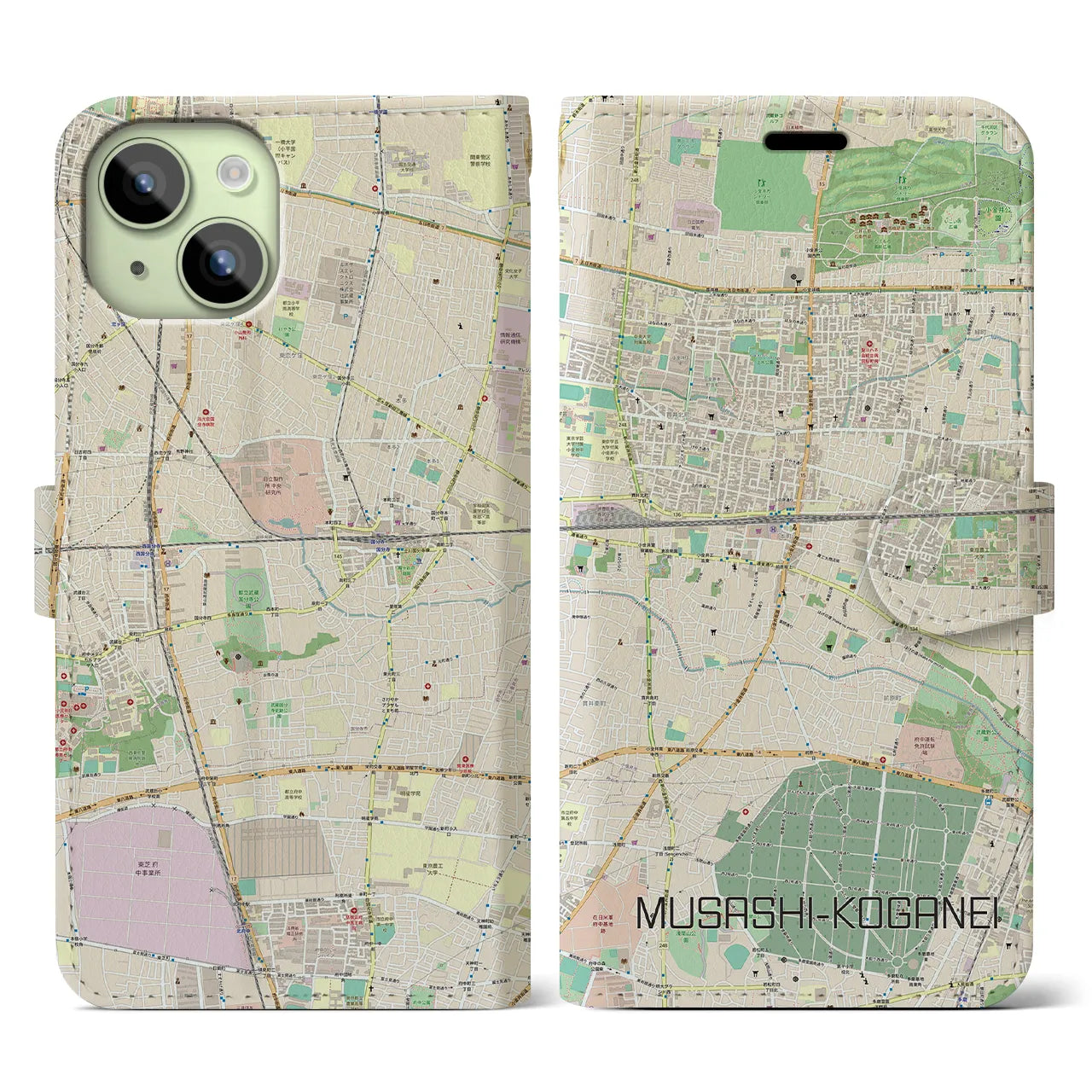【武蔵小金井(東京都)】地図柄iPhoneケース(手帳タイプ)ナチュラル・iPhone 15 用
