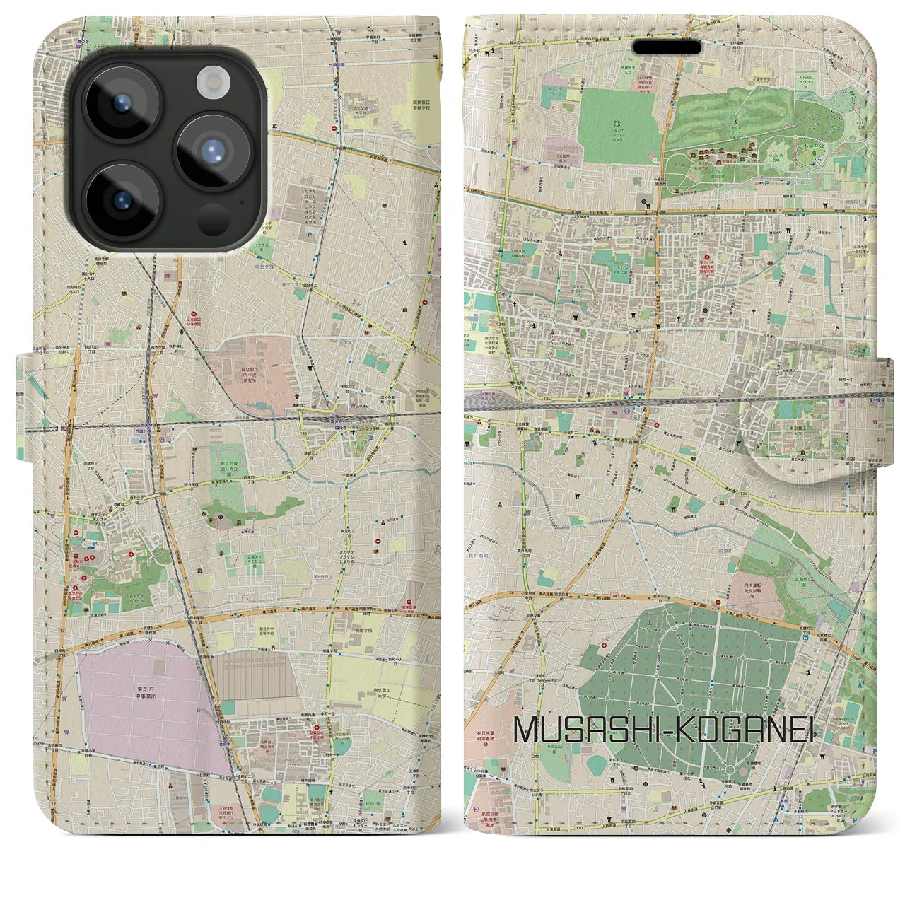 【武蔵小金井(東京都)】地図柄iPhoneケース(手帳タイプ)ナチュラル・iPhone 15 Pro Max 用